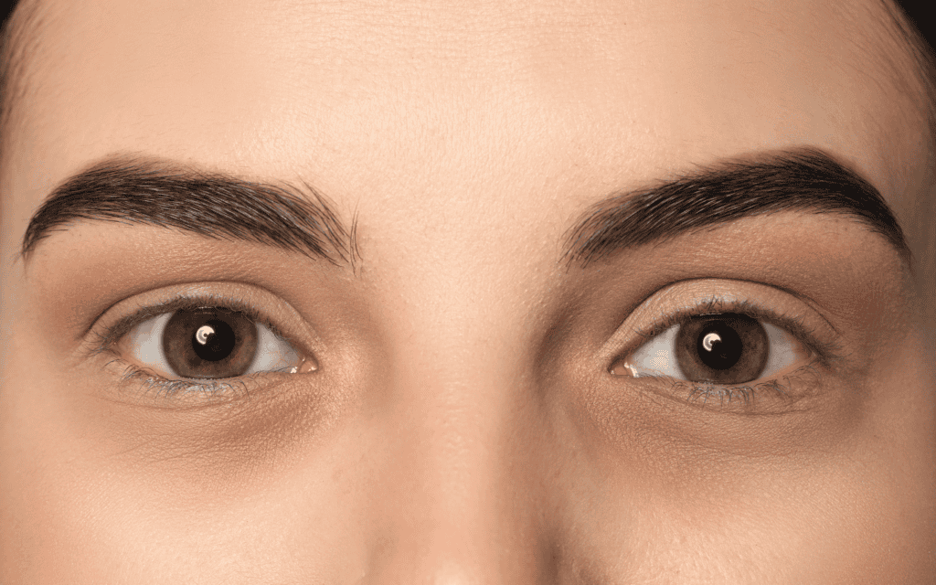 Close-up of a person's eyes and eyebrows, showing well-groomed dark brows and natural skin texture.