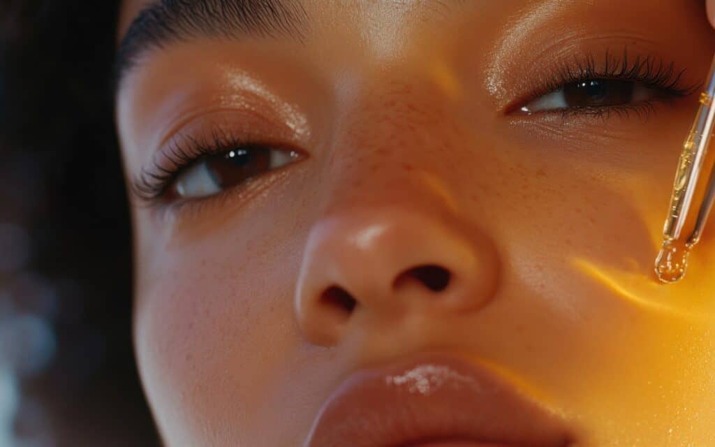Close-up of a person's face with a dropper applying facial serum to their cheek, showing smooth skin, freckles, and a natural, dewy complexion.