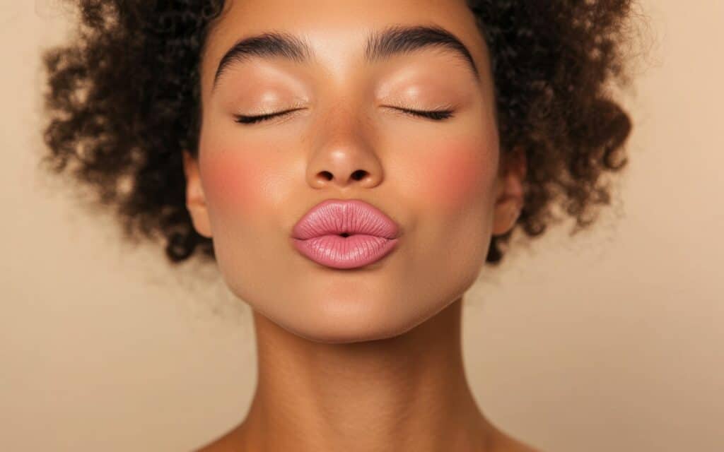 A person with curly hair and natural makeup is shown close-up with eyes closed and lips pursed as if blowing a kiss, against a plain background.