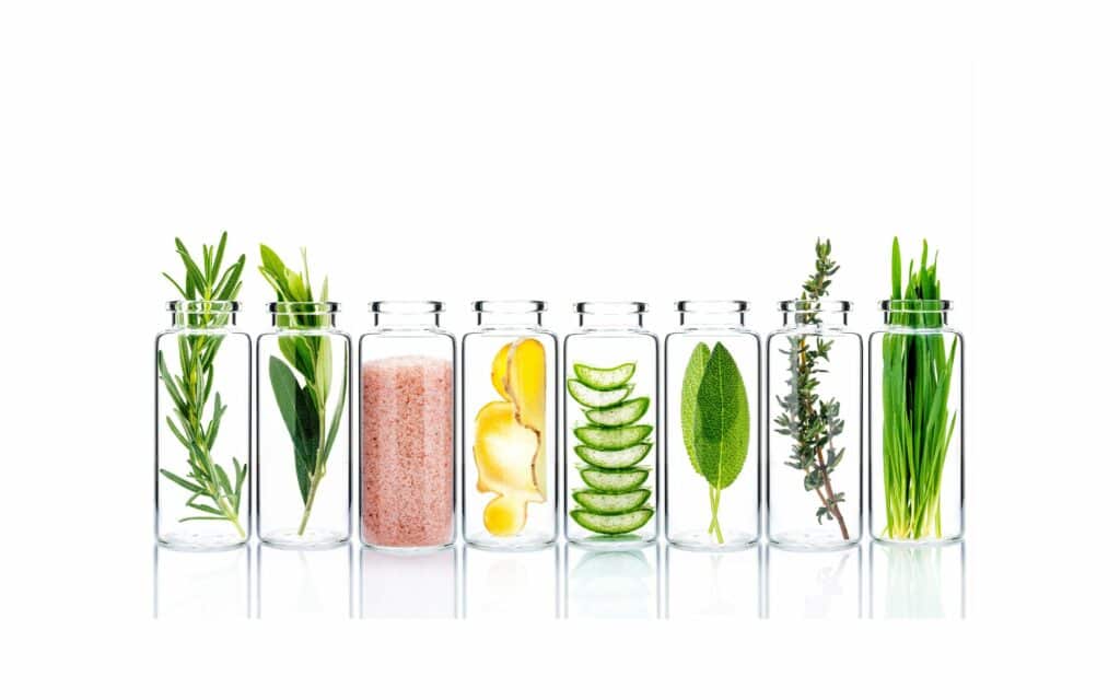 Eight glass jars in a row contain various herbs, pink salt, ginger slices, aloe vera slices, and green leaves, all displayed on a white background.